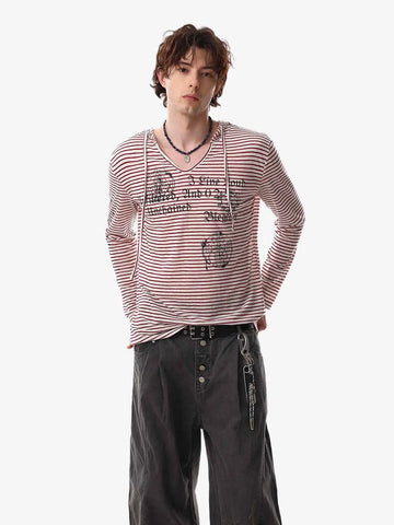 Graphic Print and V-Neck Striped Long Sleeve Hooded T-Shirt 
