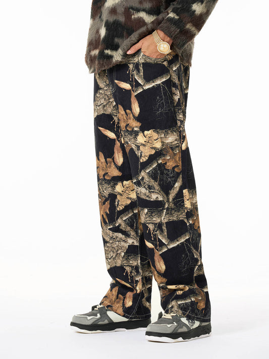 Vintage Washed Distressed Leaf Camouflage Jeans 