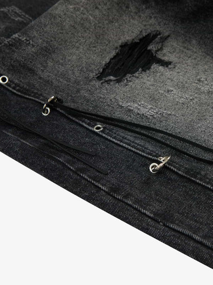 Vintage Washed Distressed Metal Ring Baggy Jeans 