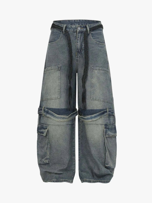 Braided Drawstring Waist Patchwork Cargo Jeans 