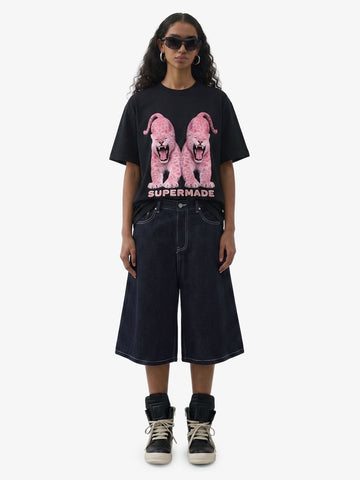 Vintage Contrast Stitch Wide Leg Denim Jorts