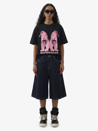Vintage Contrast Stitch Wide Leg Denim Jorts