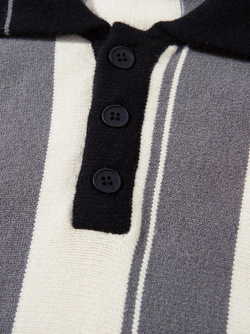 Retro Striped Polo Collar Sports Jersey Knit Sweater 
