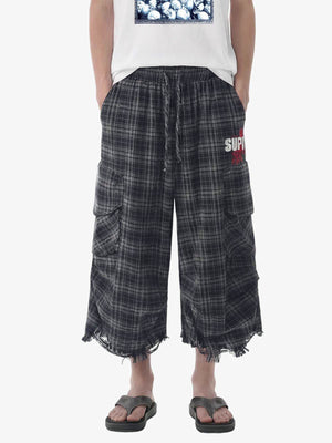 Plaid Linen-Blend Distressed Cargo Cropped Pants 