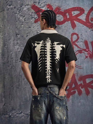 Skeleton Ribcage Graphic Print Asymmetric Button Polo Shirt 
