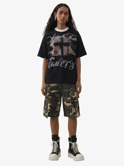 Gothic Cross Print Studded Collar Waffle Knit Graphic T-Shirt 