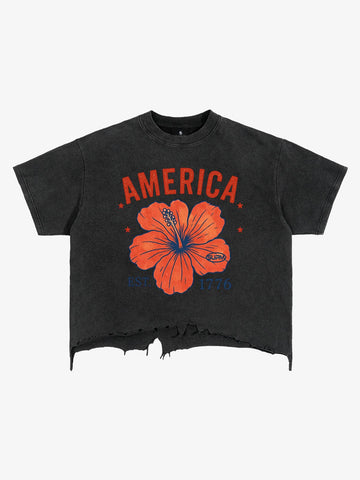 Acid Wash Ripped Floral T-Shirt
