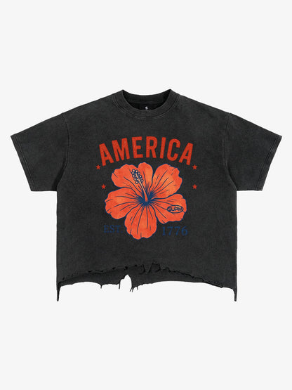 Acid Wash Ripped Floral T-Shirt