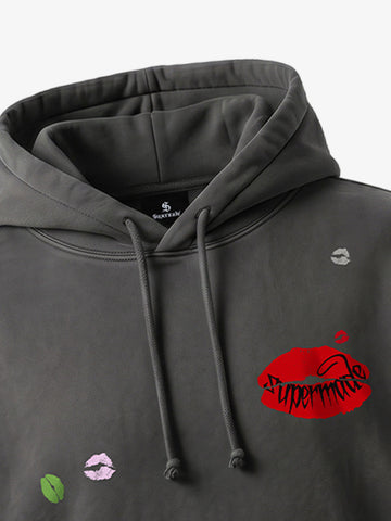 Fleece Cotton Blend Hoodie with Lip Print Embroidery