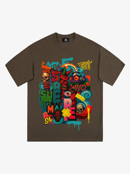 Trendy Multicolor Graffiti Skull Graphic T-Shirt 