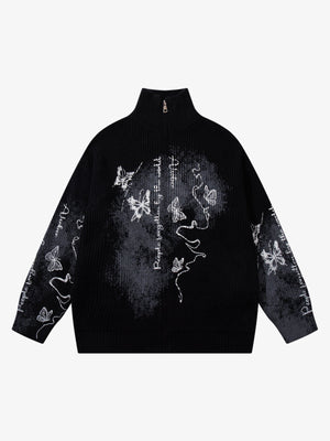 Ink-Splashed Butterfly Jacquard Zip Knit Sweater 