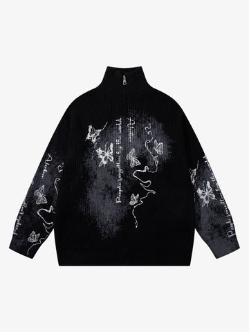 Ink-Splashed Butterfly Jacquard Zip Knit Sweater 