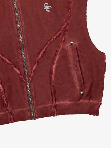 Vintage Distressed Full-Zip Hooded Sleeveless Vest 