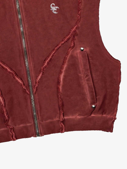 Vintage Distressed Full-Zip Hooded Sleeveless Vest 