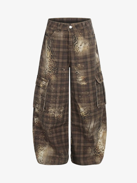 Plaid Leopard Print Cargo Barrel Jeans 