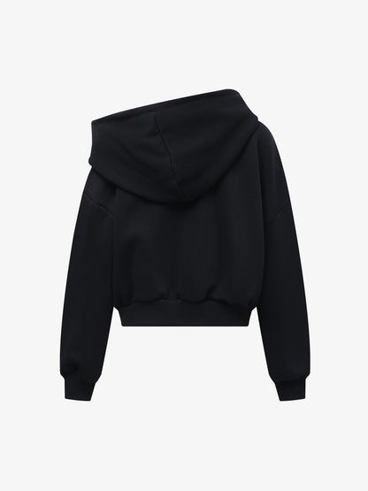 Off-Shoulder Layered Zip-Up Cropped Hoodie