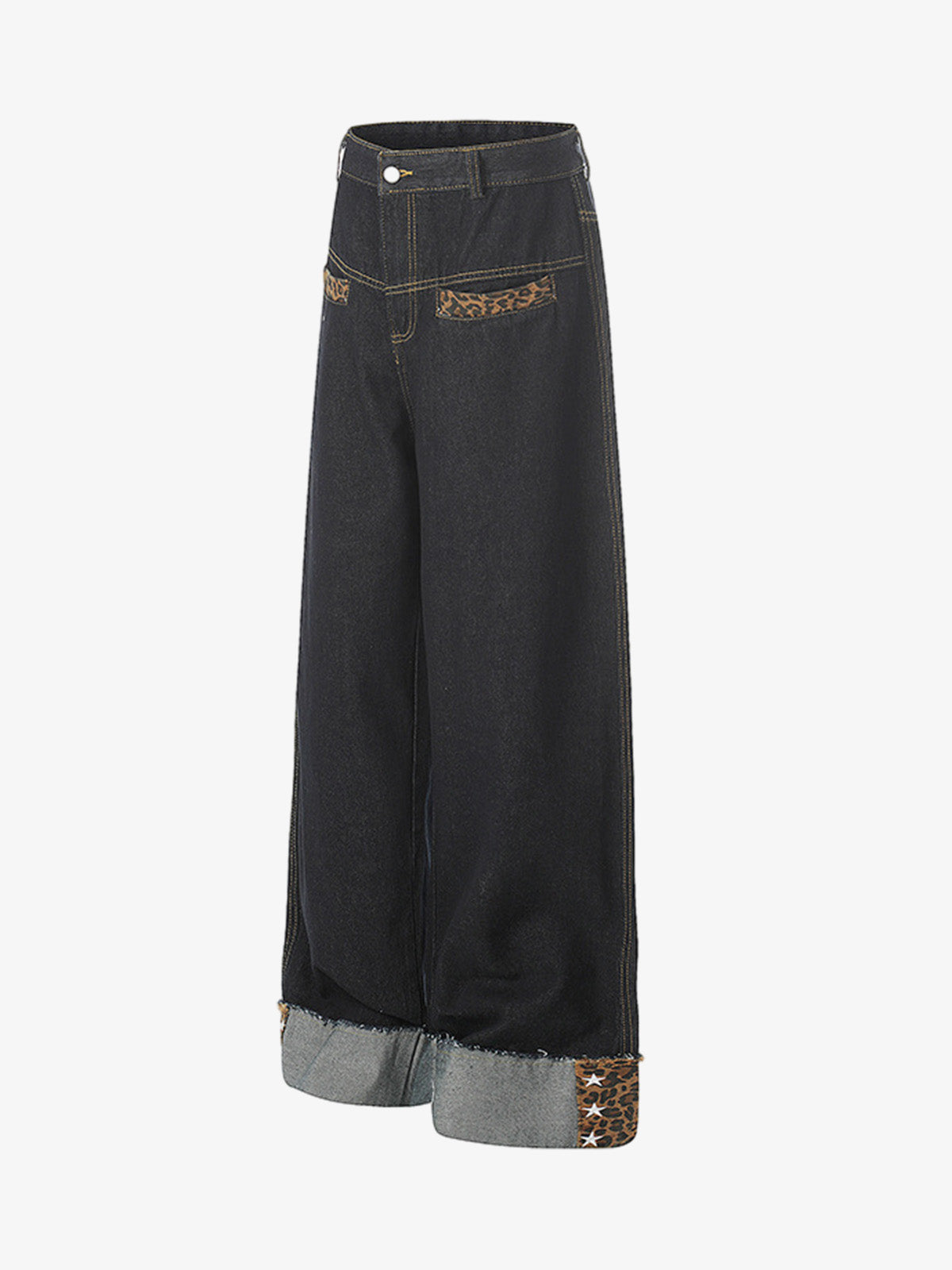 Leopard Print Trim Washed Jeans 