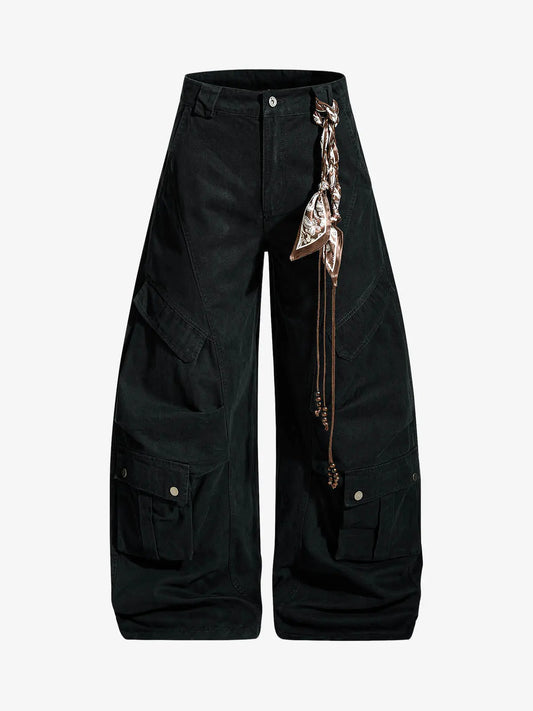 Draped Fabric Accessories Deconstructed Wide Leg Cargo Pants 