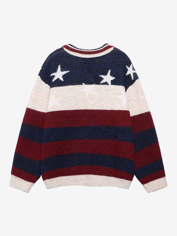 Retro Star Patchwork Striped V-Neck Polo Sweater 