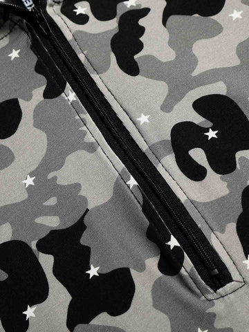 Camo Half Zip Hooded Mid Sleeve T-Shirt 