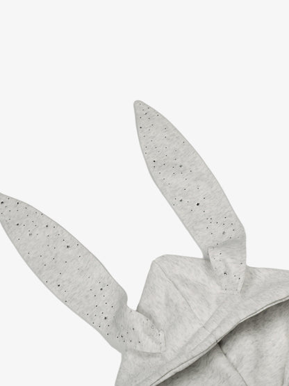 Rhinestone Bunny Ear Cropped Zip-Up Hoodie