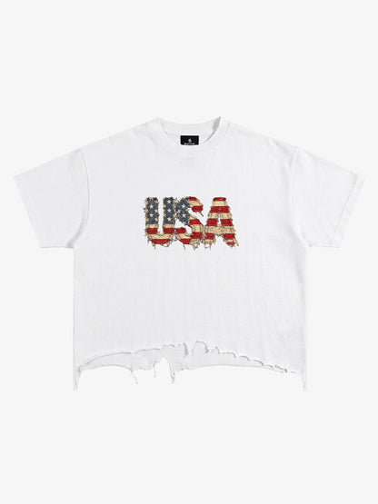 Ripped USA Flag Casual T-Shirt