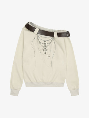 Necklace Graphic Belt Detail Off-Shoulder Sweatshirt