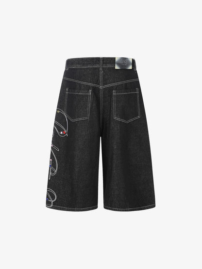 Embroidered Rhinestone Baggy Jorts