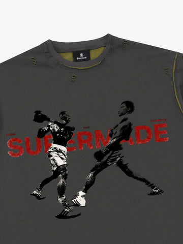 Black Distressed Graphic T-Shirt with Boxing Print – Relaxed Fit Streetwear Tee