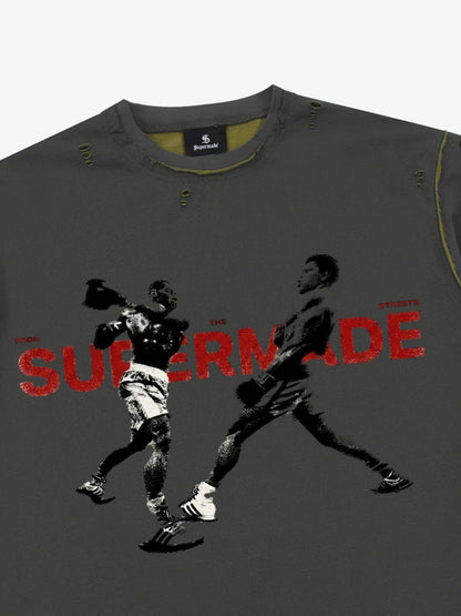 Black Distressed Graphic T-Shirt with Boxing Print – Relaxed Fit Streetwear Tee