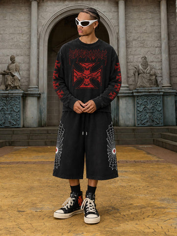 Spiderweb Print Wide-Leg Cropped Sweatpants