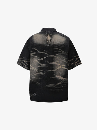 Washed Black Branch Print Deconstructed Denim Set 