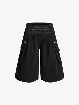Military Cargo Wide-Leg Shorts – Multi-Button Utility Design
