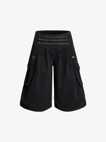 Military Cargo Wide-Leg Shorts – Multi-Button Utility Design