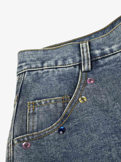 Embroidered Rhinestone Baggy Jorts