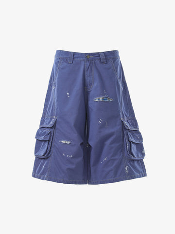 Vintage Distressed Multi Pocket Wide Leg Cargo Shorts