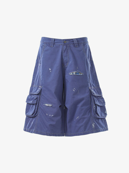 Vintage Distressed Multi Pocket Wide Leg Cargo Shorts