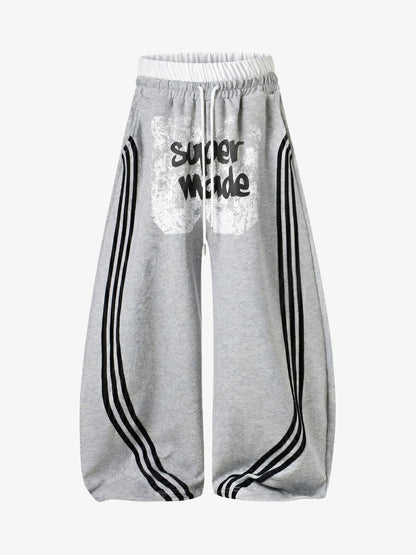 Graffiti Baggy Sweatpants – Double Waist Curved Stripe Streetwear Joggers