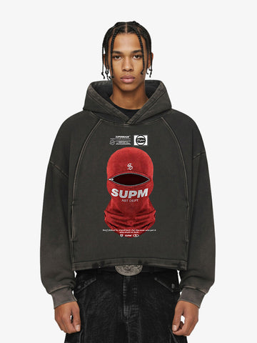 Retro Bandit Hat Graphic Distressed Cropped Hoodie 