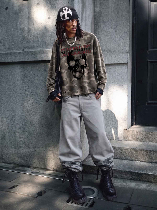 Light Grey Camo Wide-Leg Pants with Embroidered Detail