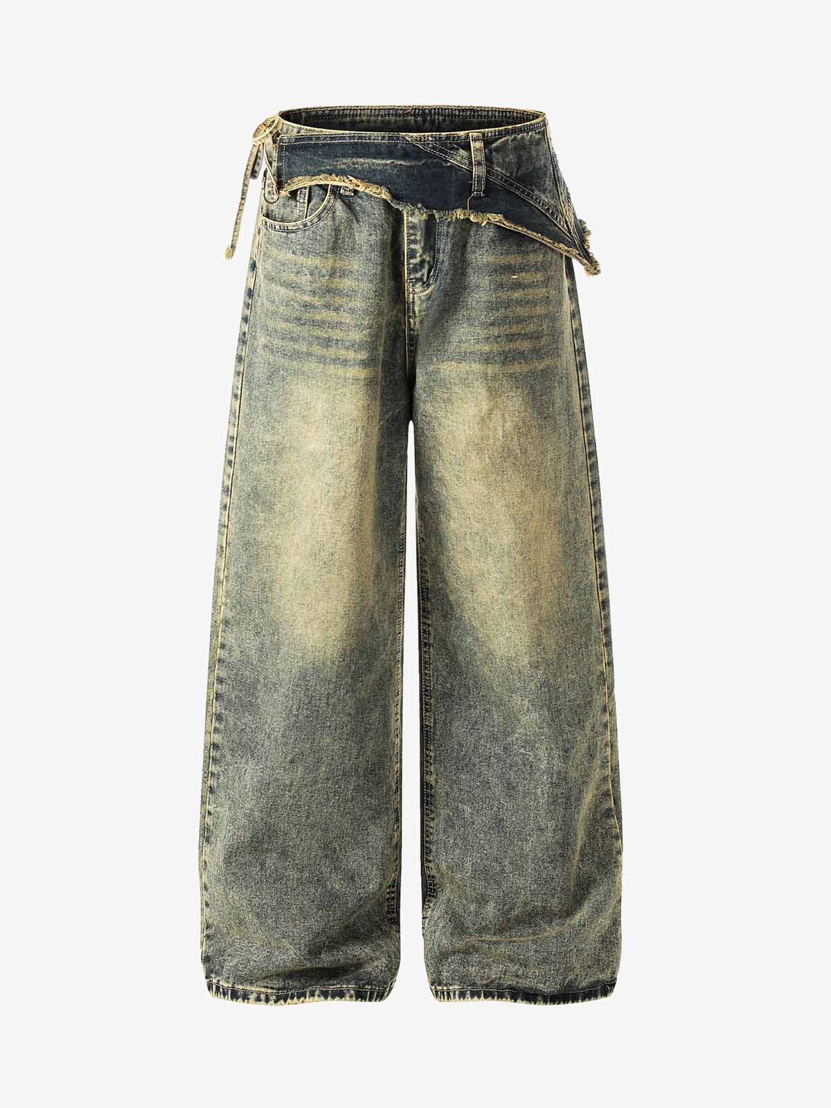 Layered Waist Tie Detail Vintage Wash Jeans 