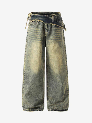 Layered Waist Tie Detail Vintage Wash Jeans 