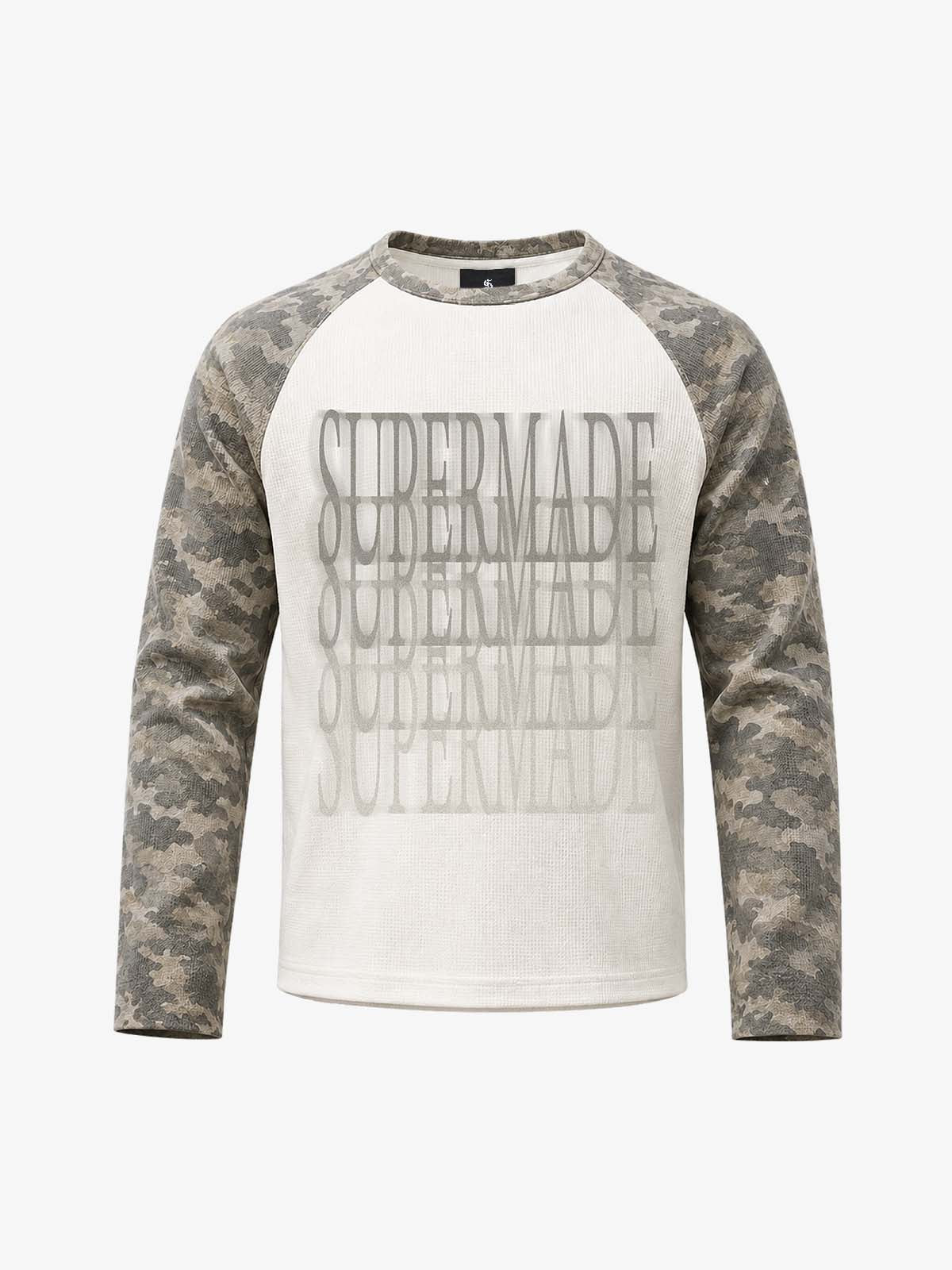 Waffle Knit Camo Raglan T-Shirt with Graphic Print