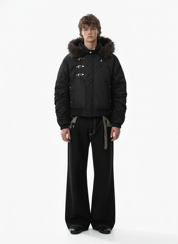 Detachable Faux Fur Collar Ruched Sleeve Bomber Jacket 