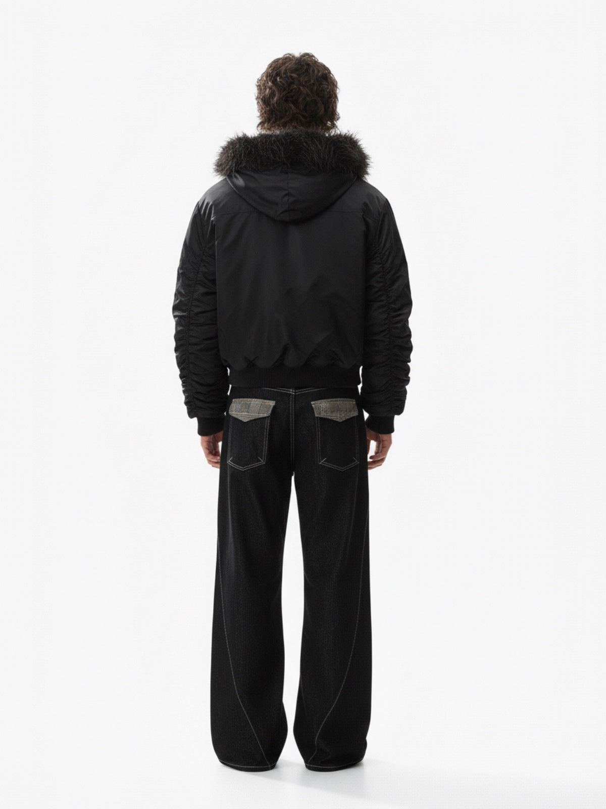 Detachable Faux Fur Collar Ruched Sleeve Bomber Jacket 