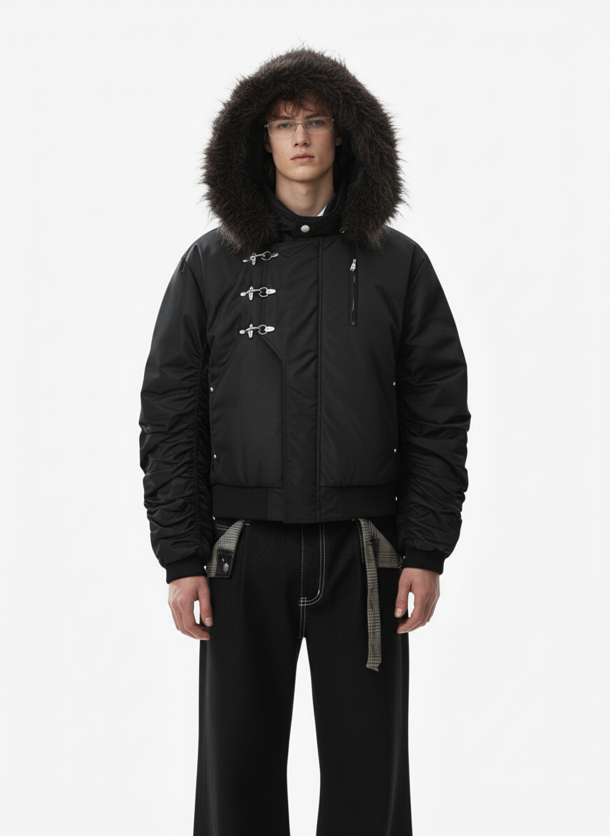 Detachable Faux Fur Collar Ruched Sleeve Bomber Jacket 
