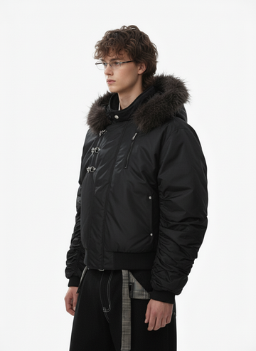 Detachable Faux Fur Collar Ruched Sleeve Bomber Jacket 