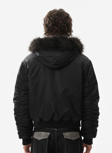 Detachable Faux Fur Collar Ruched Sleeve Bomber Jacket 