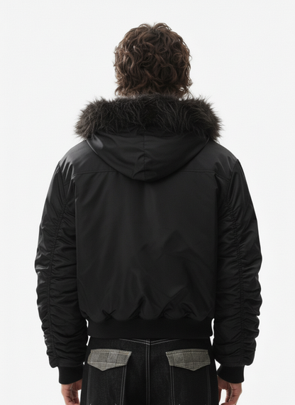 Detachable Faux Fur Collar Ruched Sleeve Bomber Jacket 