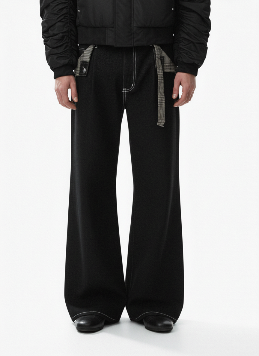 Vintage Plaid-Trim Tape-Belt Jeans 